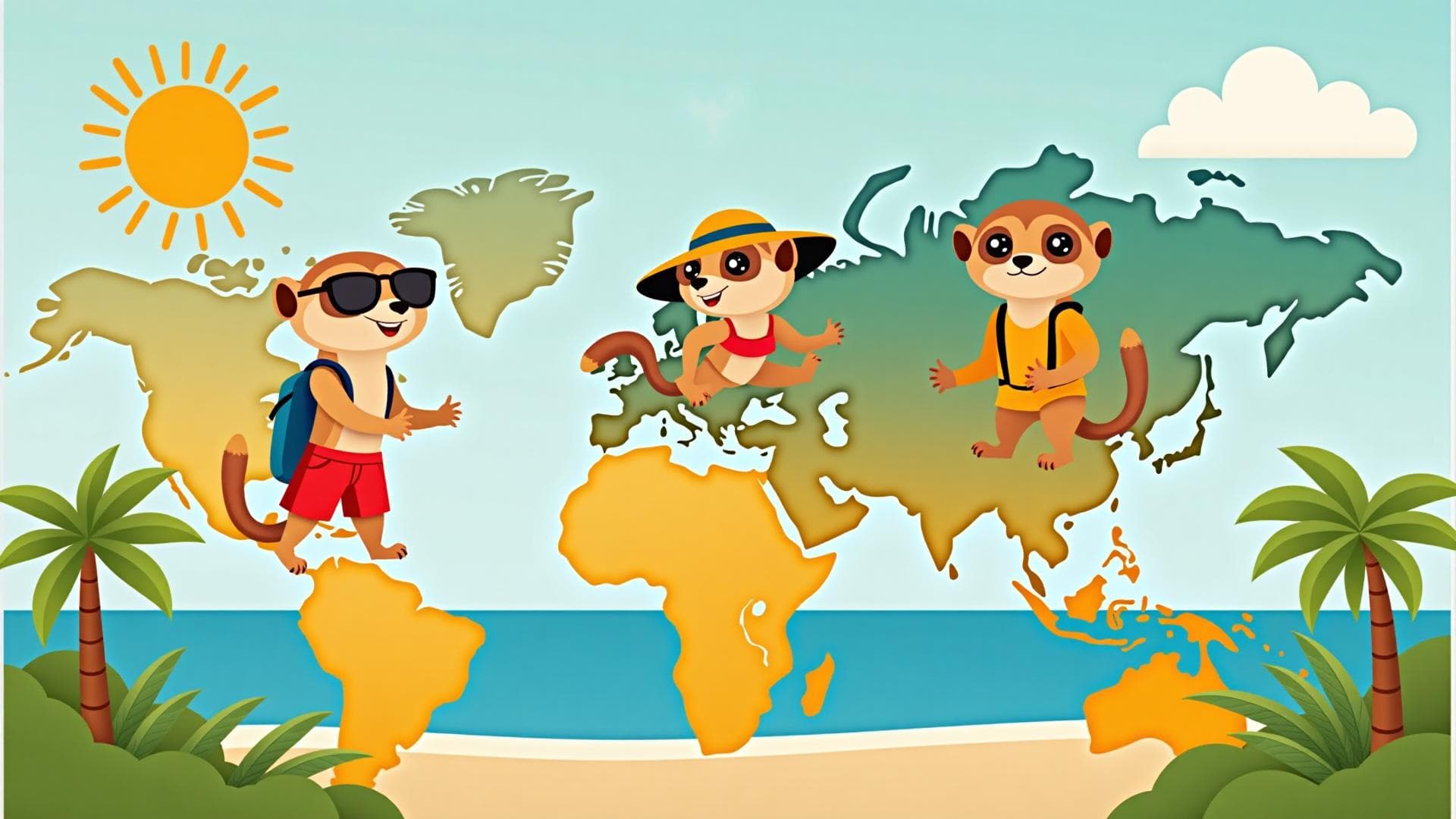 Suricatos viajando ao redor de um mapa-múndi ilustrado, de mochila, óculos de sol e chapéu